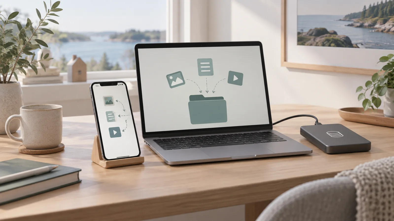 Illustration av mobil med lagringsdiagram bredvid ett anteckningsblock och kabel.