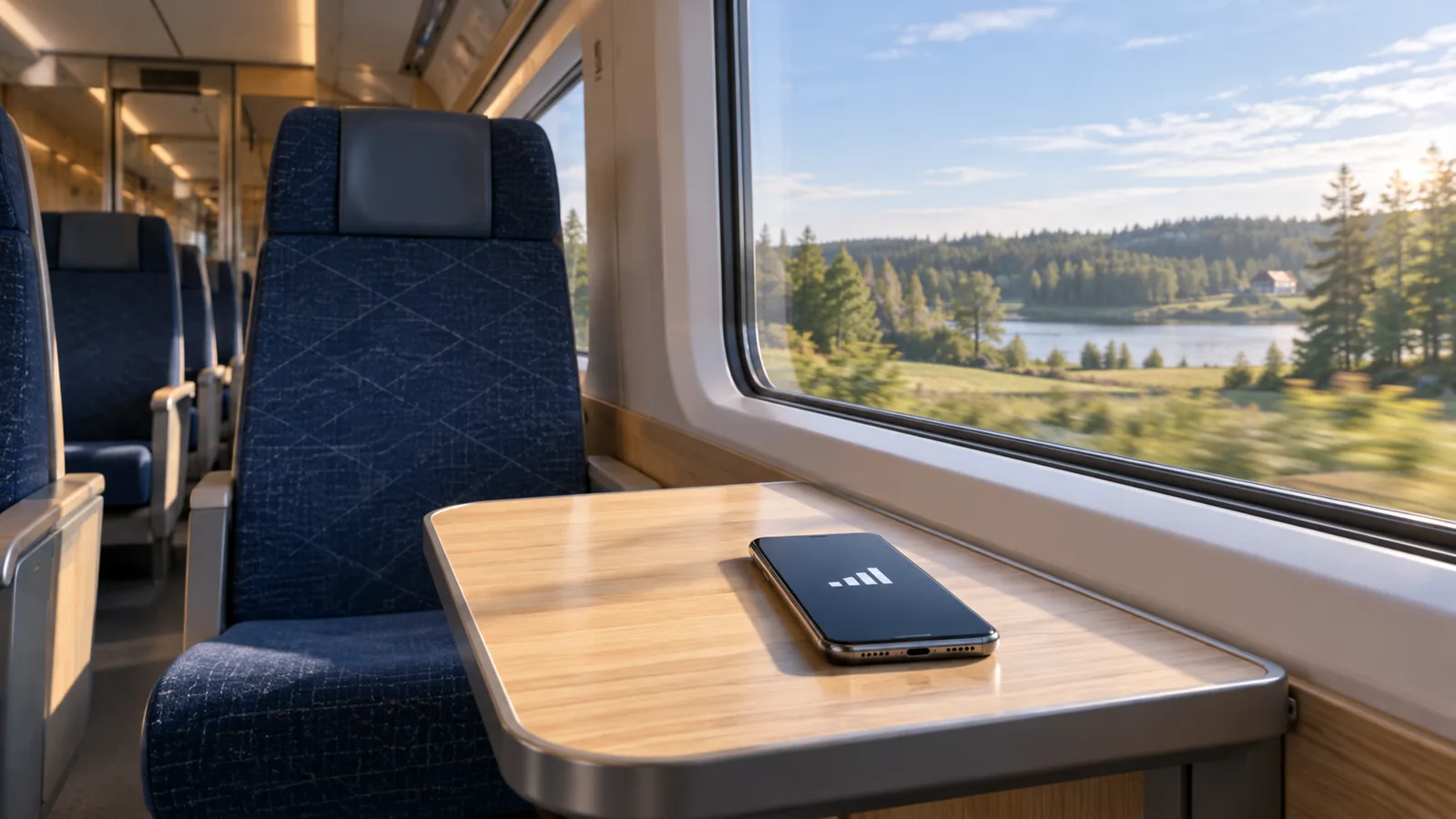 Illustration av en mobil på ett bord vid ett tågfönster med landskap utanför.