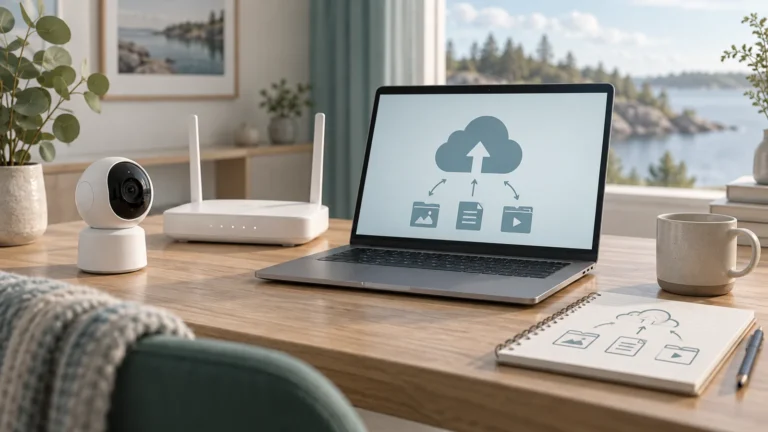 Illustration av nätverkskamera, router och dator med moln- och uppladdningssymbol.