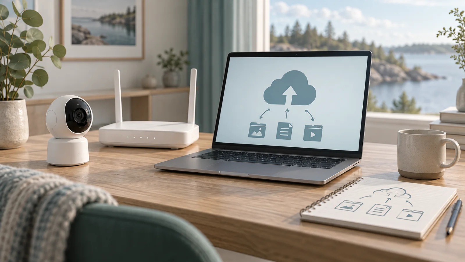 Illustration av nätverkskamera, router och dator med moln- och uppladdningssymbol.