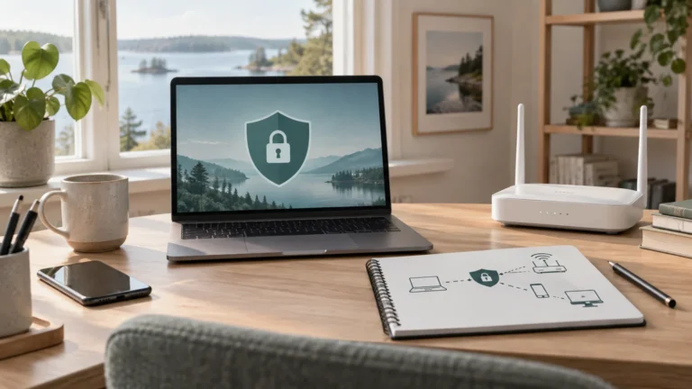 Illustration av dator med låssymbol, router och företagets nätverksbok.
