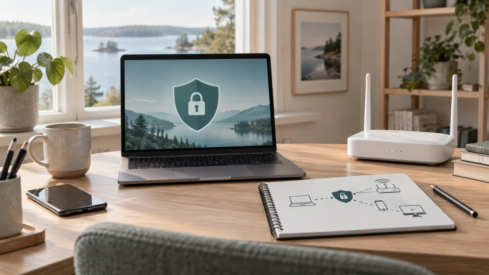 Illustration av dator med låssymbol, router och företagets nätverksbok.