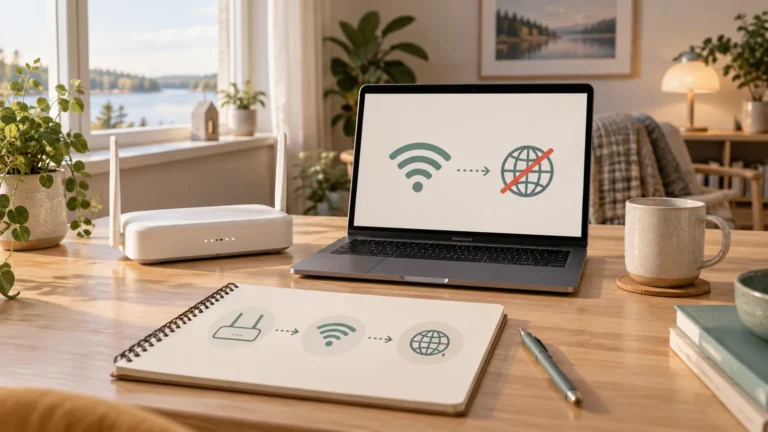 Illustration av router och dator med wifi-symbol, jordglob och enkel anslutningsskiss.