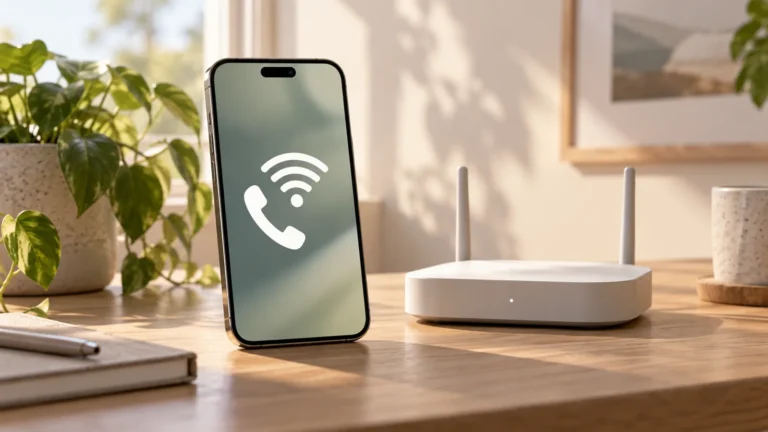 Illustration av en mobil med telefon- och wifi-symbol bredvid en trådlös router på ett skrivbord.