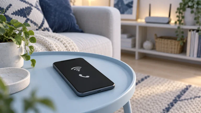 Illustration av en mobil med wifi- och telefonsymbol på ett blått bord, med en router på en hylla i bakgrunden.